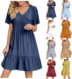 Summer Dresses for Women 2025 Short Sleeve Elegant Mini Dress Pleated Casual Dresses Ruffle Flowy V Neck Beach Sundresses