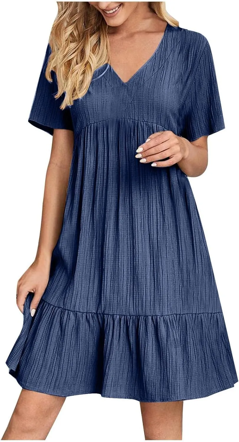 Summer Dresses for Women 2025 Short Sleeve Elegant Mini Dress Pleated Casual Dresses Ruffle Flowy V Neck Beach Sundresses