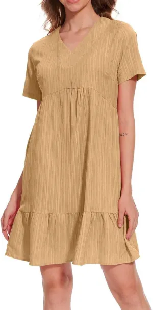 Summer Dresses for Women 2025 Short Sleeve Elegant Mini Dress Pleated Casual Dresses Ruffle Flowy V Neck Beach Sundresses