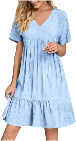 Summer Dresses for Women 2025 Short Sleeve Elegant Mini Dress Pleated Casual Dresses Ruffle Flowy V Neck Beach Sundresses