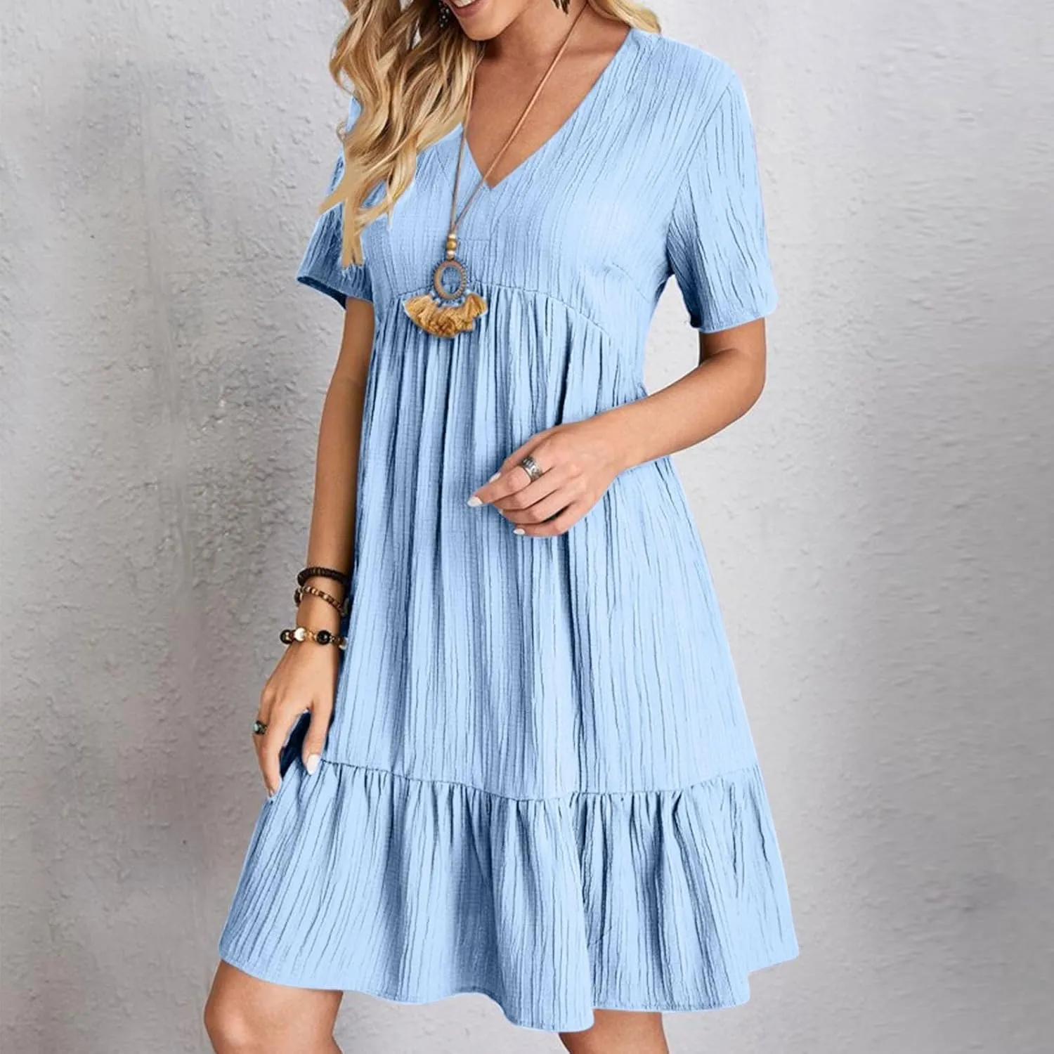 Summer Dresses for Women 2025 Short Sleeve Elegant Mini Dress Pleated Casual Dresses Ruffle Flowy V Neck Beach Sundresses