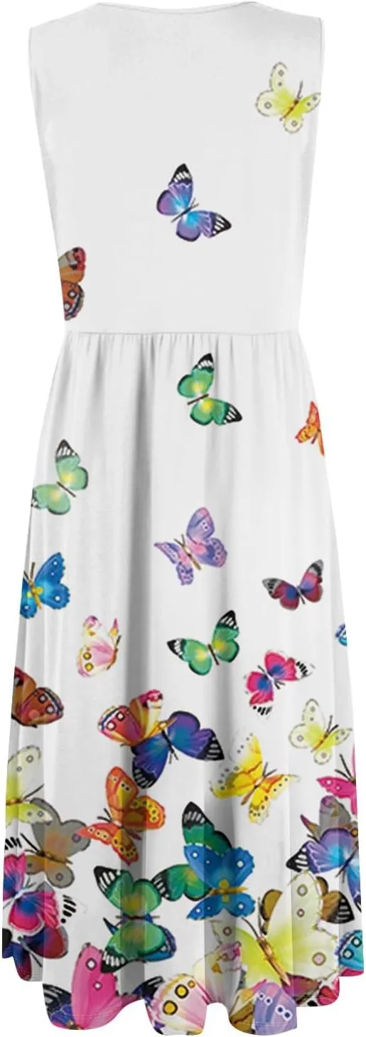 Summer Dresses for Women Casual Sleeveless Midi Dress Swing Tank Sundress Flowy Beach T-Shirt Dress with Pockets