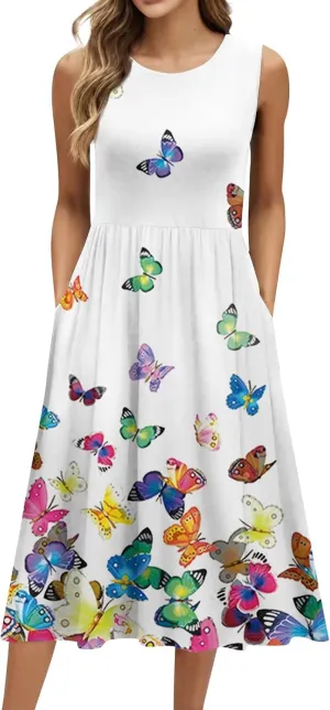 Summer Dresses for Women Casual Sleeveless Midi Dress Swing Tank Sundress Flowy Beach T-Shirt Dress with Pockets