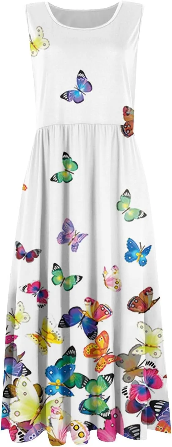 Summer Dresses for Women Casual Sleeveless Midi Dress Swing Tank Sundress Flowy Beach T-Shirt Dress with Pockets