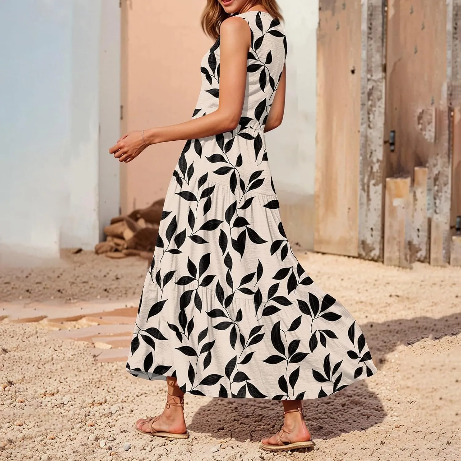 Summer Midi Dresses for Women 2025 Floral Sleeveless V Neck Maxi Dress Beach Vacation a Line Ruffle Hem Tiered Dress