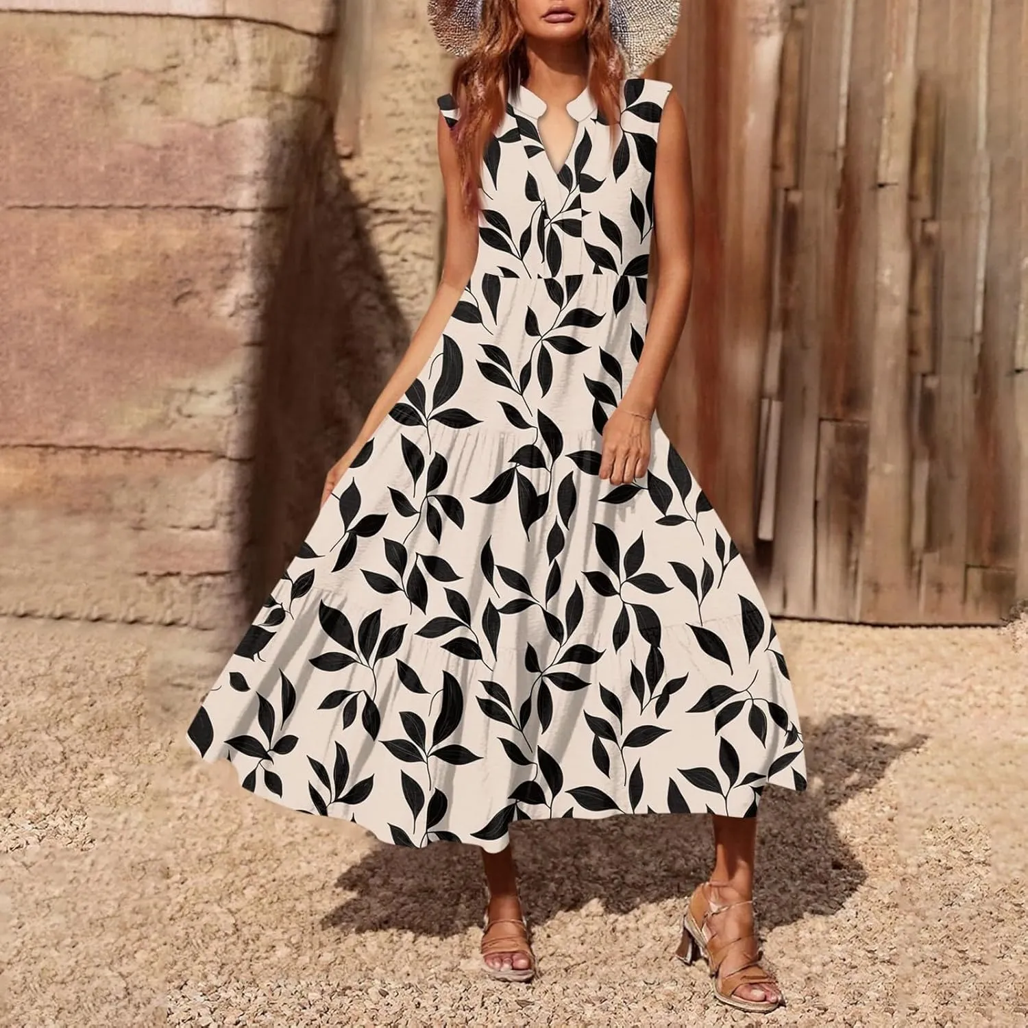 Summer Midi Dresses for Women 2025 Floral Sleeveless V Neck Maxi Dress Beach Vacation a Line Ruffle Hem Tiered Dress