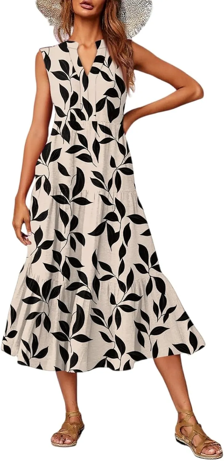 Summer Midi Dresses for Women 2025 Floral Sleeveless V Neck Maxi Dress Beach Vacation a Line Ruffle Hem Tiered Dress
