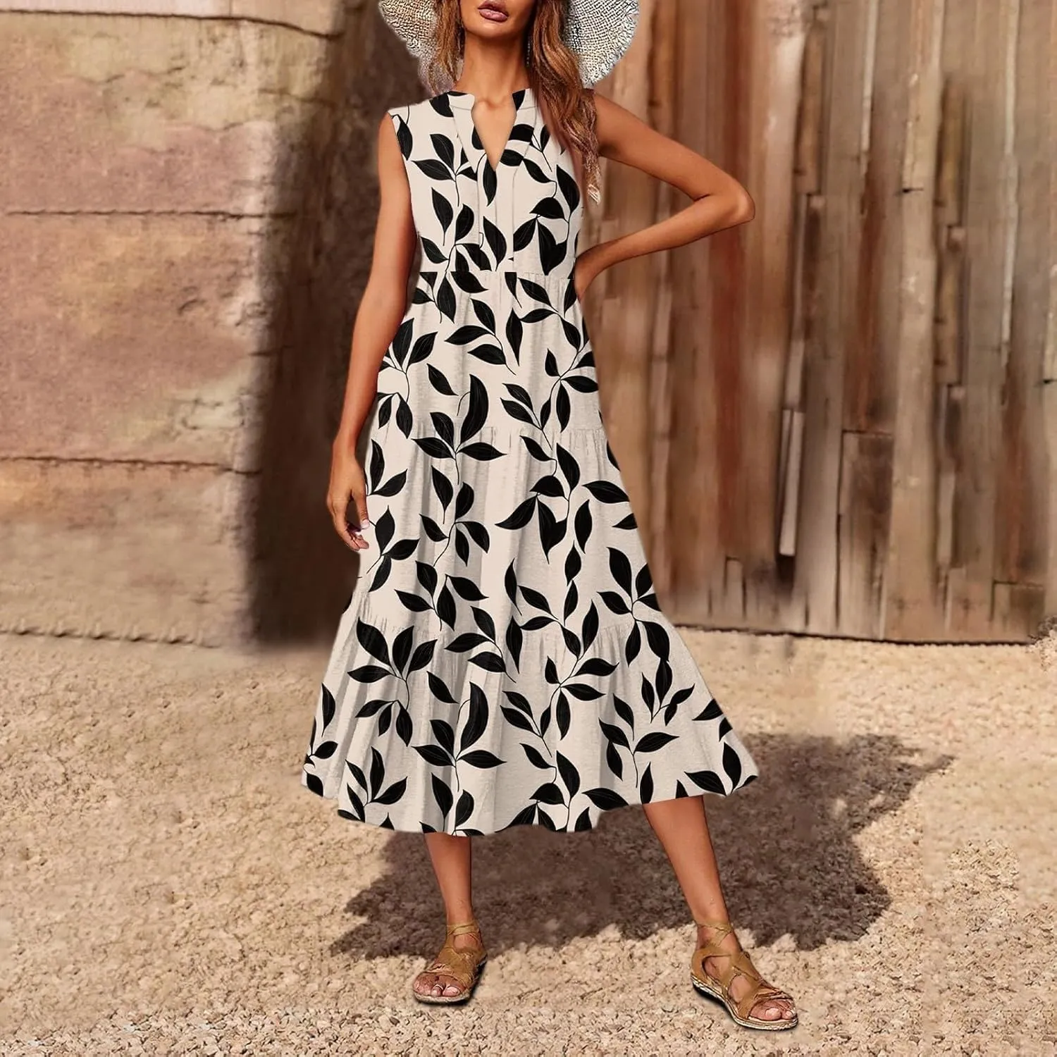 Summer Midi Dresses for Women 2025 Floral Sleeveless V Neck Maxi Dress Beach Vacation a Line Ruffle Hem Tiered Dress