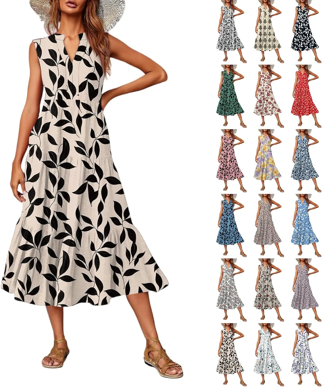 Summer Midi Dresses for Women 2025 Floral Sleeveless V Neck Maxi Dress Beach Vacation a Line Ruffle Hem Tiered Dress