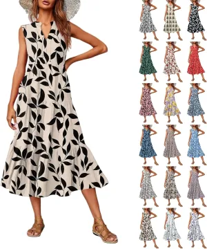 Summer Midi Dresses for Women 2025 Floral Sleeveless V Neck Maxi Dress Beach Vacation a Line Ruffle Hem Tiered Dress
