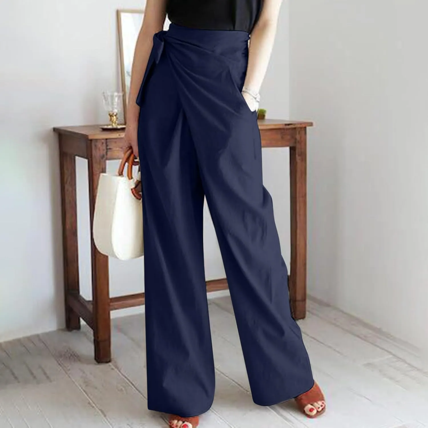 Uillui Dressy Casual Work Pants for Women Fashion Wrap High Waist Lace-Up Slacks Straight Leg Wide Leg Cotton Linen Trousers