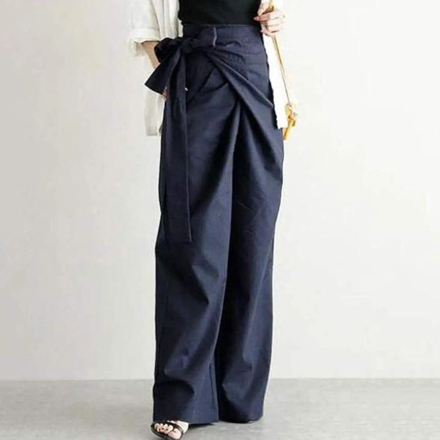 Uillui Dressy Casual Work Pants for Women Fashion Wrap High Waist Lace-Up Slacks Straight Leg Wide Leg Cotton Linen Trousers