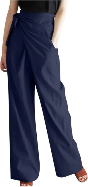 Uillui Dressy Casual Work Pants for Women Fashion Wrap High Waist Lace-Up Slacks Straight Leg Wide Leg Cotton Linen Trousers