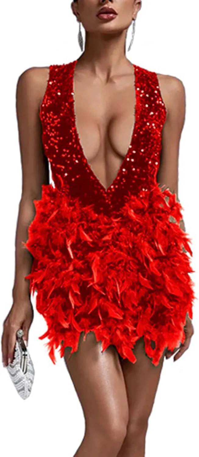 Wkishenl Women's Sexy Halter Deep V Neck Dress Sequin Party Cocktail Midi Dress Trendy 2024 Feather Short Dresses Elegant