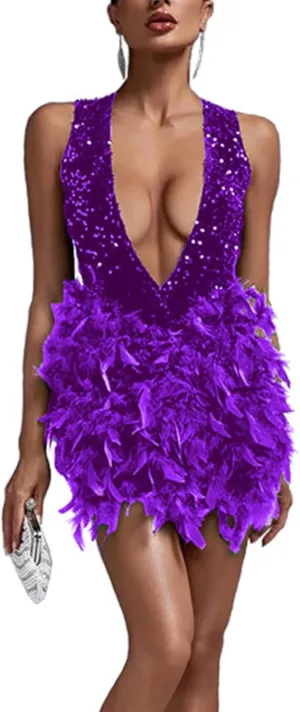 Wkishenl Women's Sexy Halter Deep V Neck Dress Sequin Party Cocktail Midi Dress Trendy 2024 Feather Short Dresses Elegant