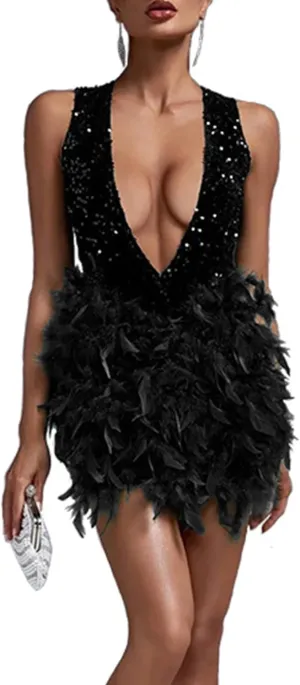 Wkishenl Women's Sexy Halter Deep V Neck Dress Sequin Party Cocktail Midi Dress Trendy 2024 Feather Short Dresses Elegant