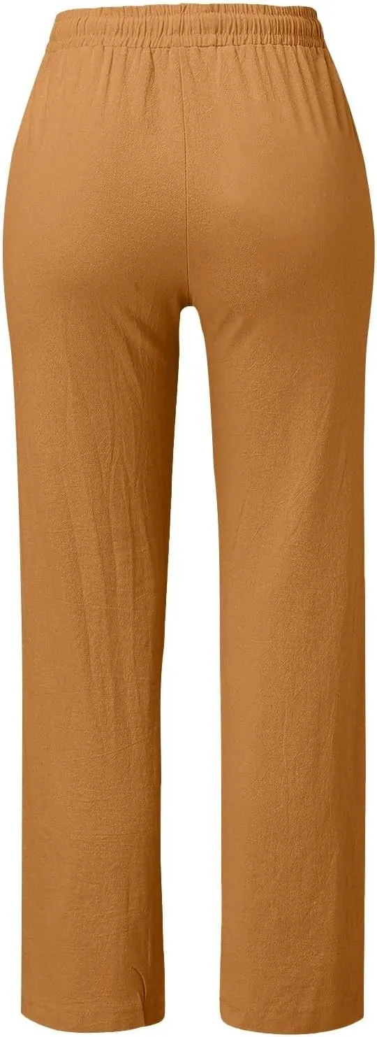 Women Cotton Linen Summer Casual Loose Palazzo Lounge Pants Elastic Waisted Ankle Length Slim Fit Pants Trendy