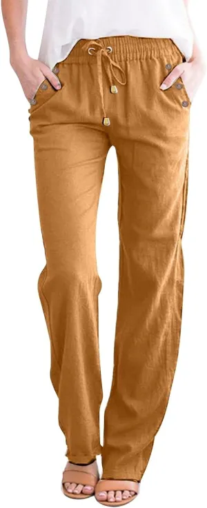 Women Cotton Linen Summer Casual Loose Palazzo Lounge Pants Elastic Waisted Ankle Length Slim Fit Pants Trendy