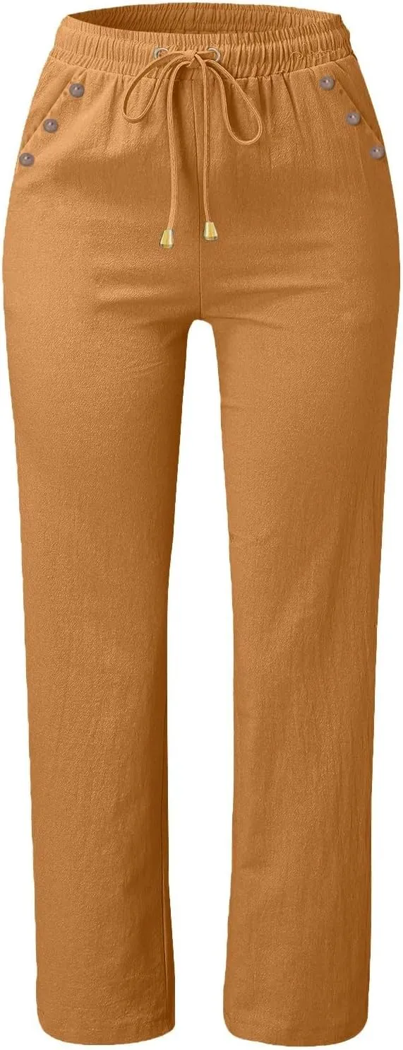 Women Cotton Linen Summer Casual Loose Palazzo Lounge Pants Elastic Waisted Ankle Length Slim Fit Pants Trendy