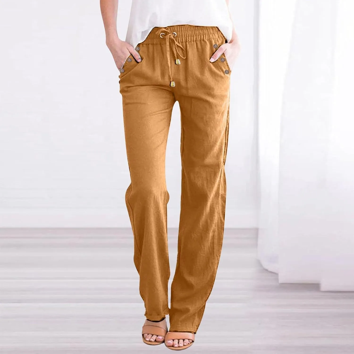 Women Cotton Linen Summer Casual Loose Palazzo Lounge Pants Elastic Waisted Ankle Length Slim Fit Pants Trendy