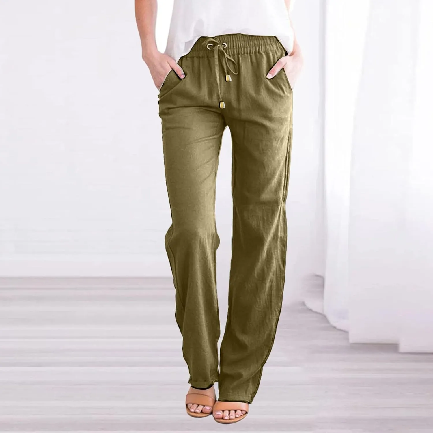 Women Cotton Linen Summer Drawstring Pant Trousers Elastic Waisted Baggy Stretchy Slim-Fit Palazzo Pants Trendy