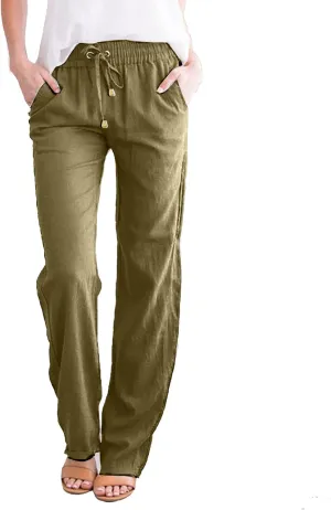 Women Cotton Linen Summer Drawstring Pant Trousers Elastic Waisted Baggy Stretchy Slim-Fit Palazzo Pants Trendy