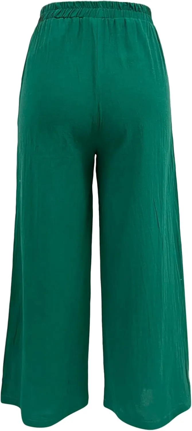 Women Cotton Linen Summer Flowy Pant Trousers Elastic Waisted Stretchy Straight Loose Fit Trousers Trendy