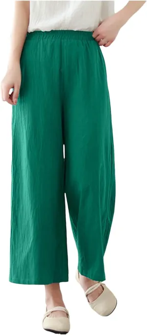 Women Cotton Linen Summer Flowy Pant Trousers Elastic Waisted Stretchy Straight Loose Fit Trousers Trendy