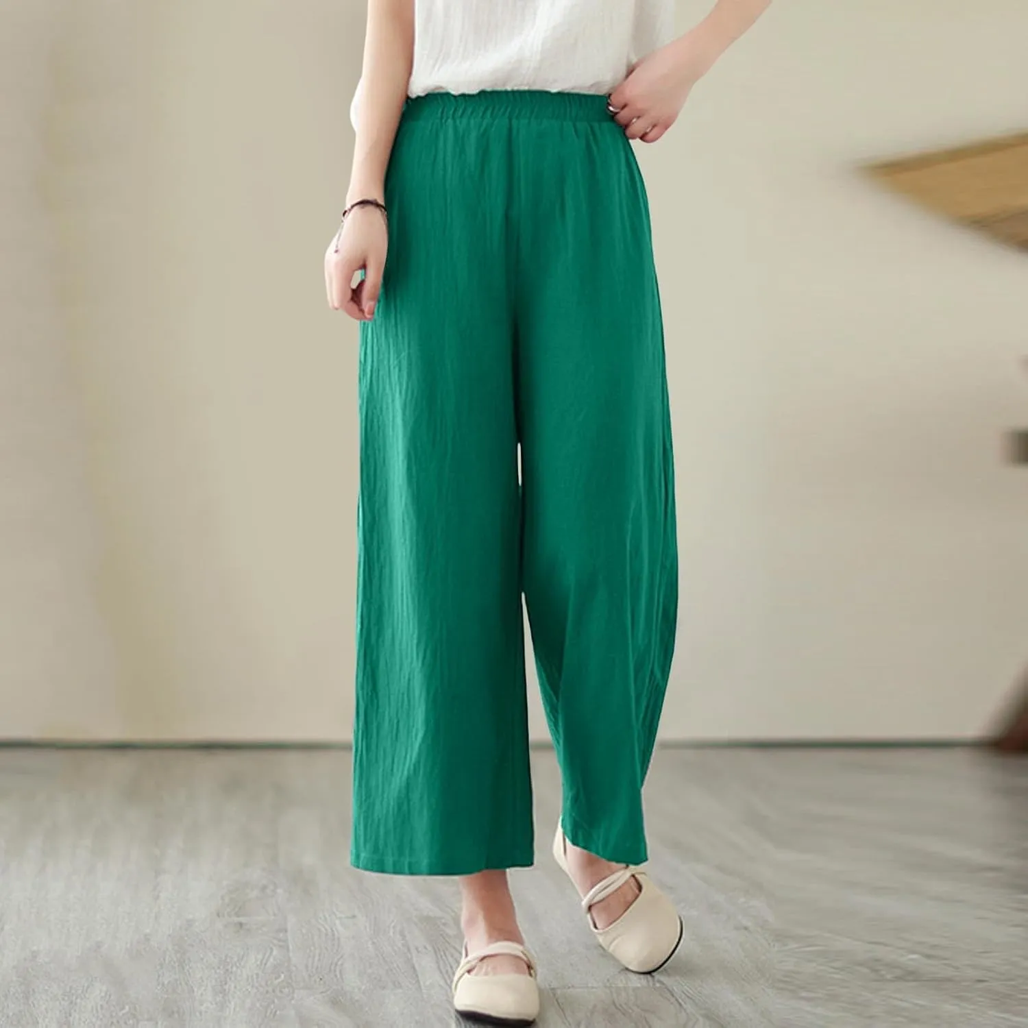 Women Cotton Linen Summer Flowy Pant Trousers Elastic Waisted Stretchy Straight Loose Fit Trousers Trendy