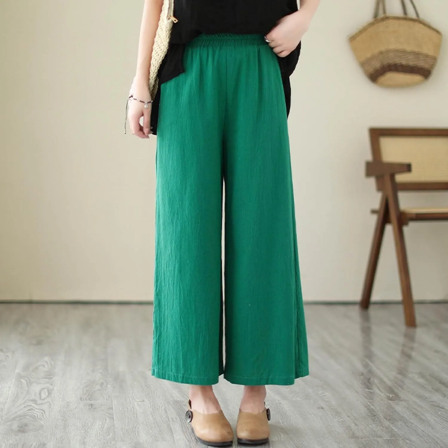 Women Cotton Linen Summer Flowy Pant Trousers Elastic Waisted Stretchy Straight Loose Fit Trousers Trendy
