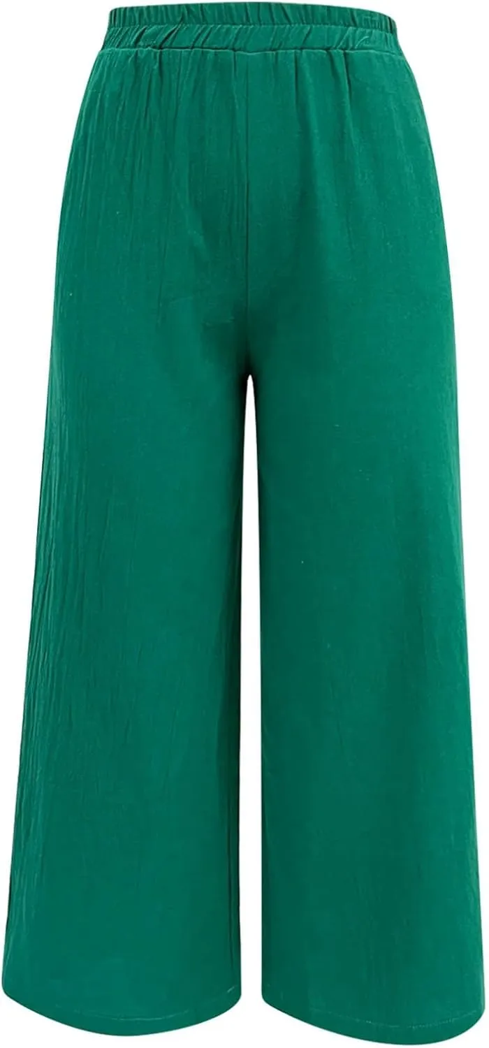 Women Cotton Linen Summer Flowy Pant Trousers Elastic Waisted Stretchy Straight Loose Fit Trousers Trendy