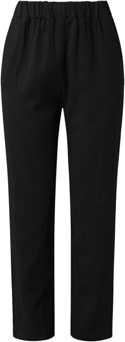 Women Linen Blend Summer Trendy Pant Trousers Elastic Waist Ankle Length Slim Fit Pant Trousers Beach