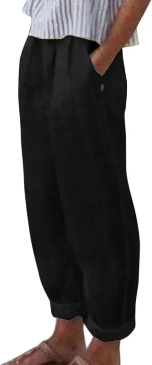 Women Linen Blend Summer Trendy Pant Trousers Elastic Waist Ankle Length Slim Fit Pant Trousers Beach