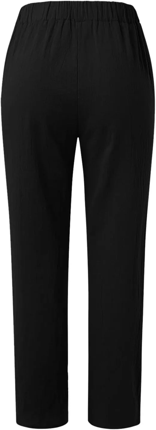 Women Linen Blend Summer Trendy Pant Trousers Elastic Waist Ankle Length Slim Fit Pant Trousers Beach