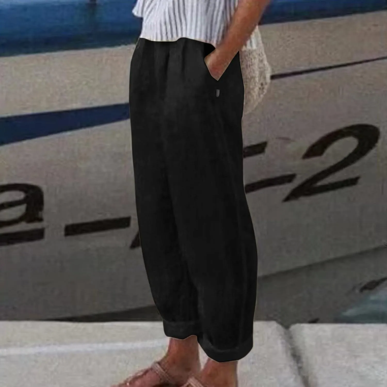 Women Linen Blend Summer Trendy Pant Trousers Elastic Waist Ankle Length Slim Fit Pant Trousers Beach