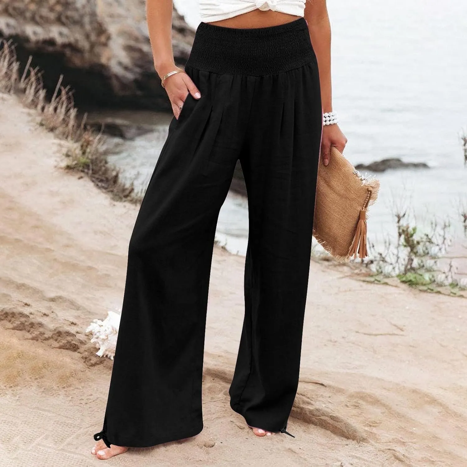Women Linen Summer Casual Loose Palazzo Lounge Pants High Waist Bootcut Slim-Fit Pants Office