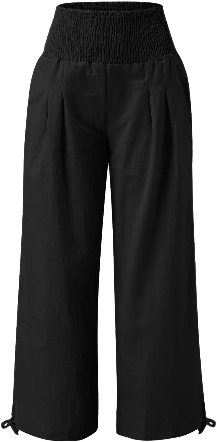 Women Linen Summer Casual Loose Palazzo Lounge Pants High Waist Bootcut Slim-Fit Pants Office