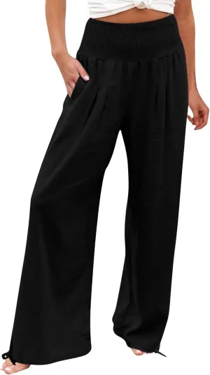 Women Linen Summer Casual Loose Palazzo Lounge Pants High Waist Bootcut Slim-Fit Pants Office