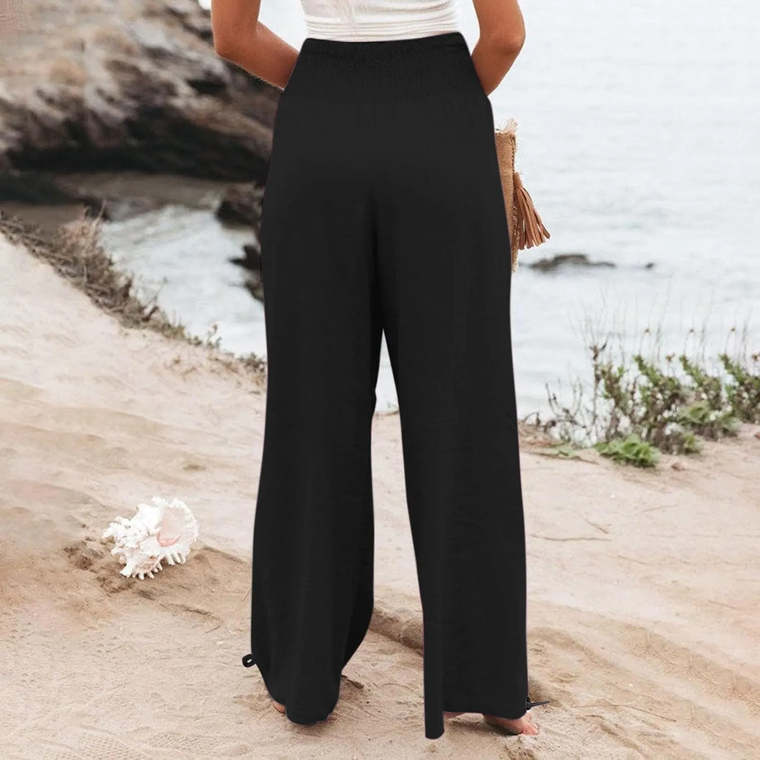 Women Linen Summer Casual Loose Palazzo Lounge Pants High Waist Bootcut Slim-Fit Pants Office