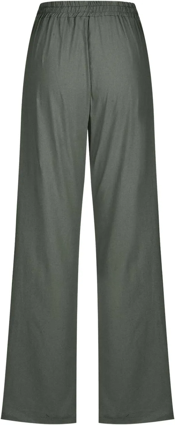 Women Linen Summer Printed Palazzo Pants Low Waist Stretchy Straight Loose Fit Palazzo Pants Trendy