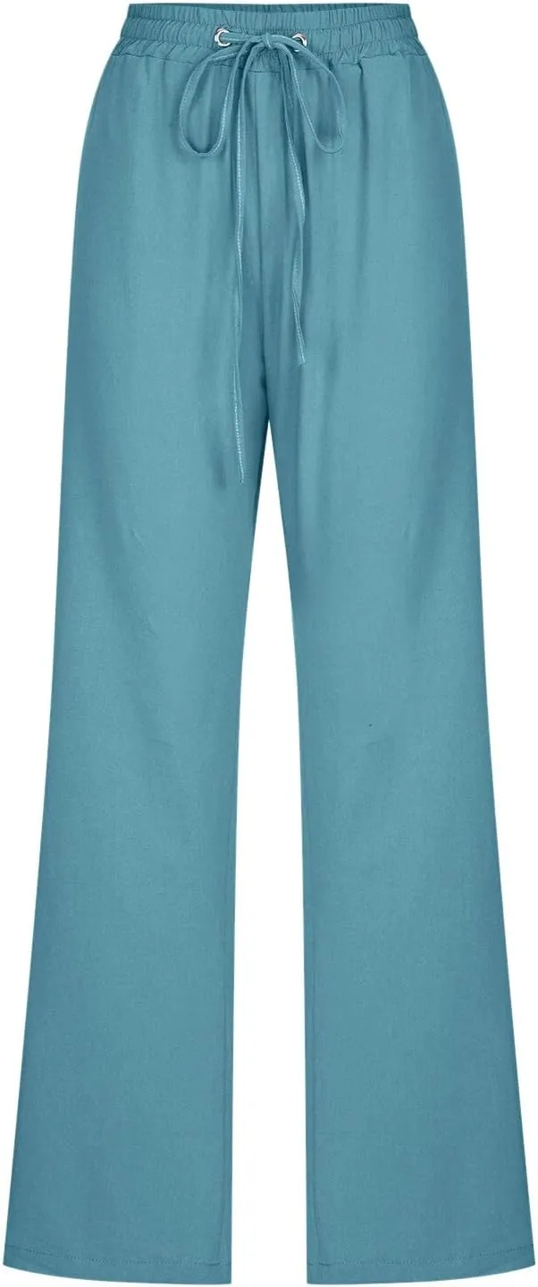 Women Linen Summer Printed Palazzo Pants Low Waist Stretchy Straight Loose Fit Palazzo Pants Trendy
