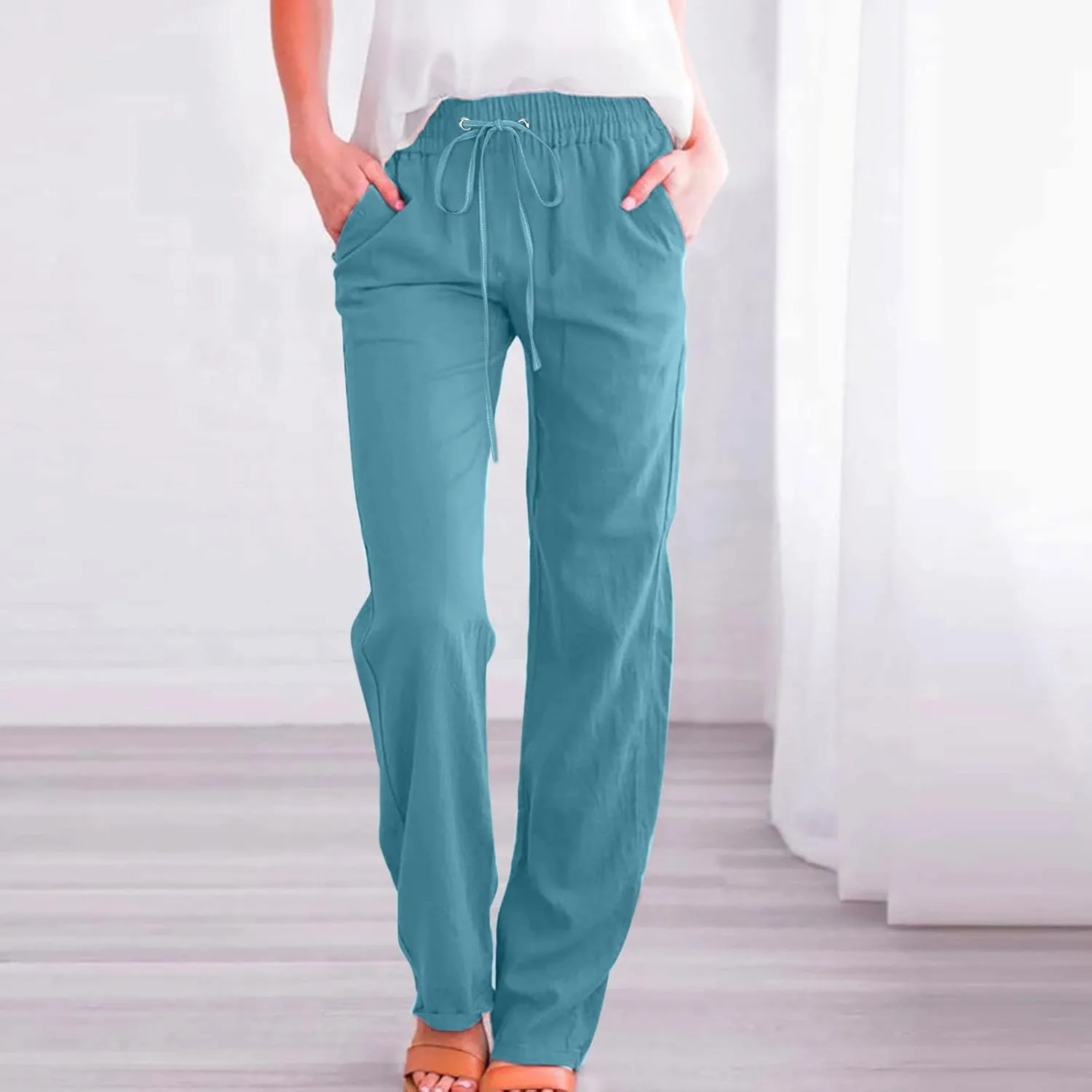 Women Linen Summer Printed Palazzo Pants Low Waist Stretchy Straight Loose Fit Palazzo Pants Trendy