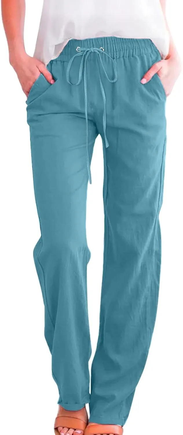 Women Linen Summer Printed Palazzo Pants Low Waist Stretchy Straight Loose Fit Palazzo Pants Trendy
