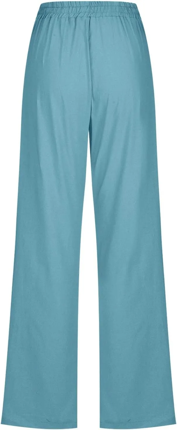 Women Linen Summer Printed Palazzo Pants Low Waist Stretchy Straight Loose Fit Palazzo Pants Trendy