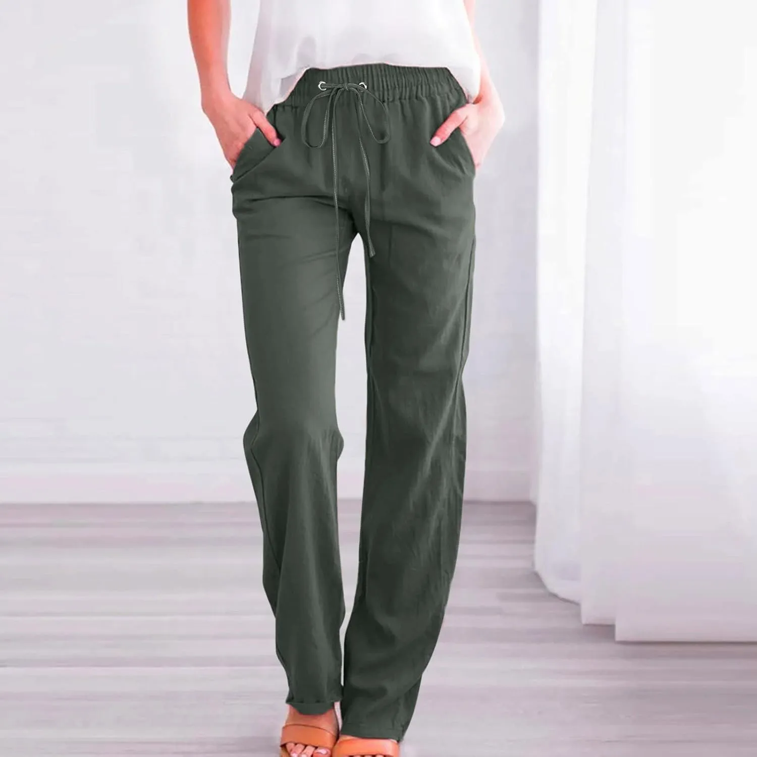 Women Linen Summer Printed Palazzo Pants Low Waist Stretchy Straight Loose Fit Palazzo Pants Trendy