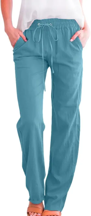 Women Linen Summer Printed Palazzo Pants Low Waist Stretchy Straight Loose Fit Palazzo Pants Trendy