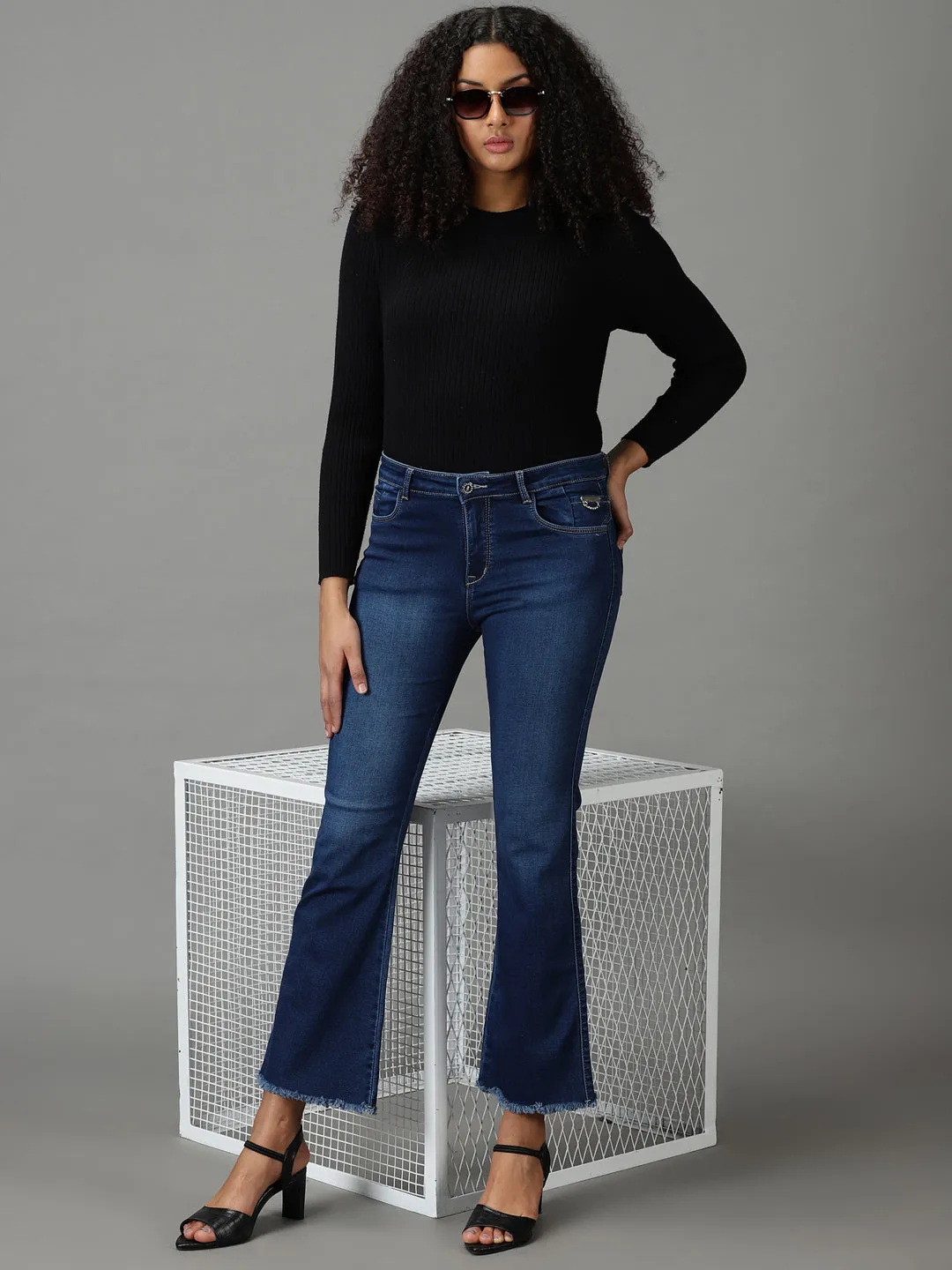 Women Navy Blue Bootcut High-Rise Light Fade Acid Wash Stretchable Jeans