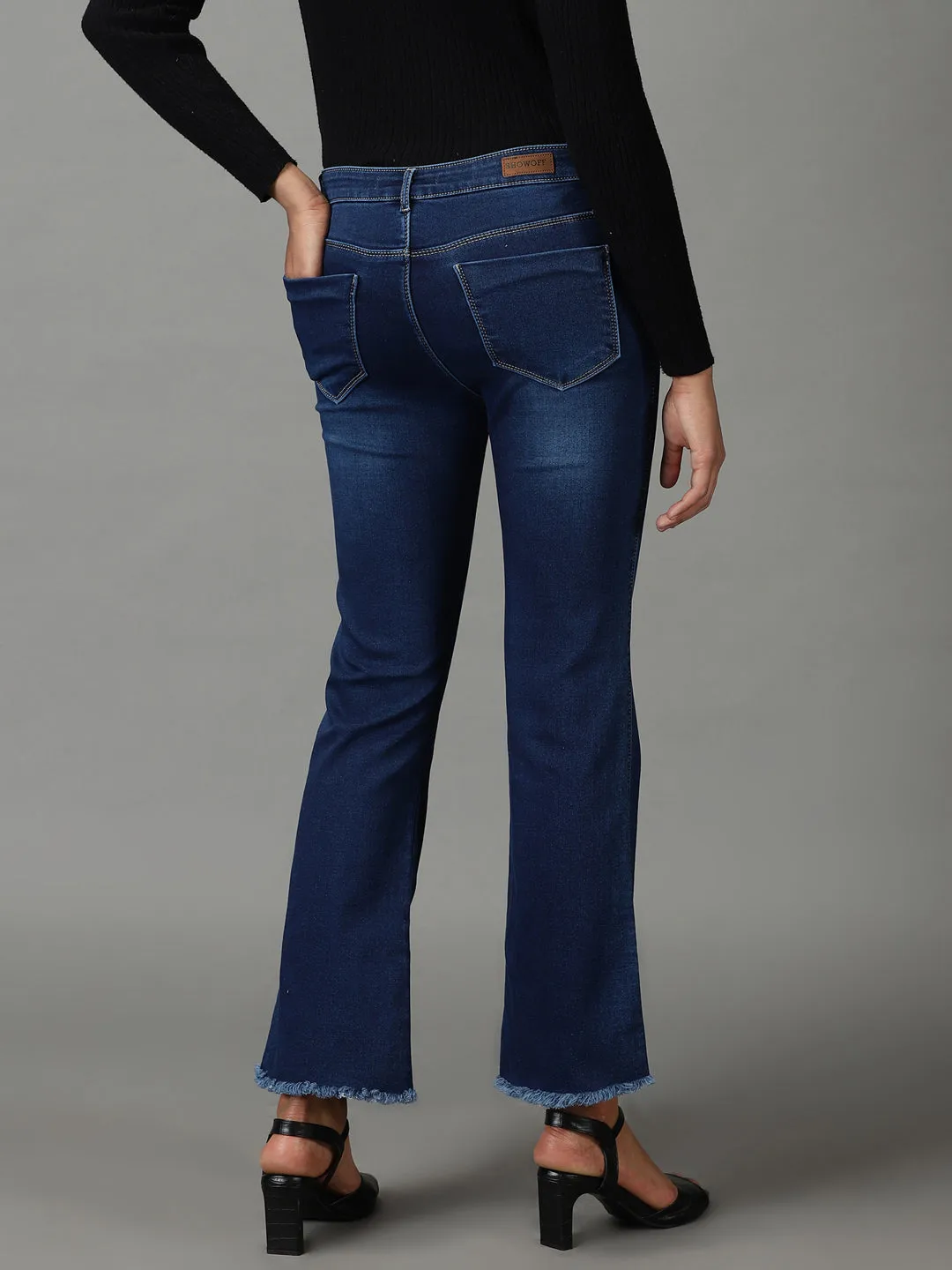Women Navy Blue Bootcut High-Rise Light Fade Acid Wash Stretchable Jeans