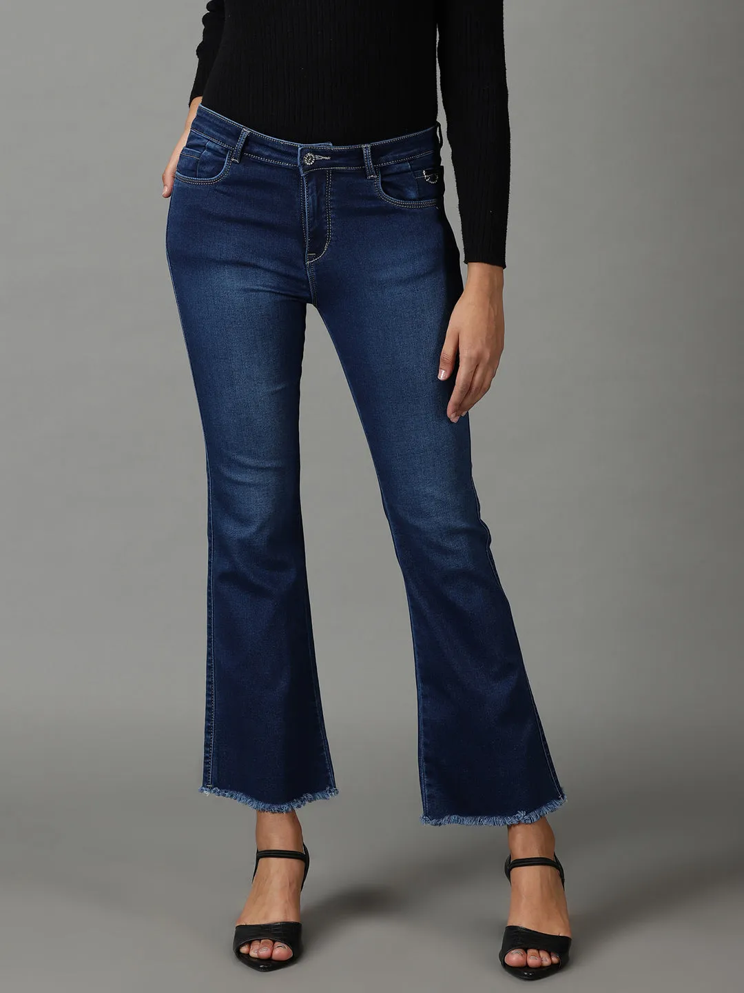 Women Navy Blue Bootcut High-Rise Light Fade Acid Wash Stretchable Jeans