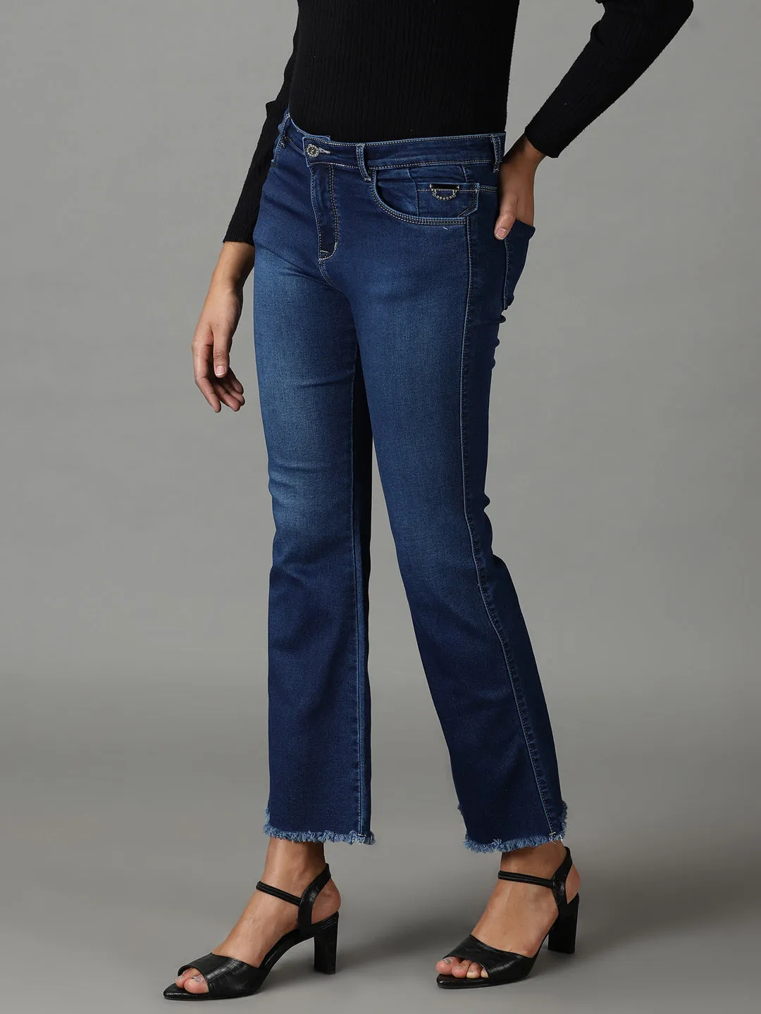 Women Navy Blue Bootcut High-Rise Light Fade Acid Wash Stretchable Jeans